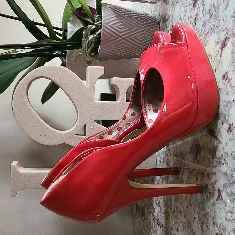 Patent Teracotta Fergalicious by Fergie, Peeptoe Heels